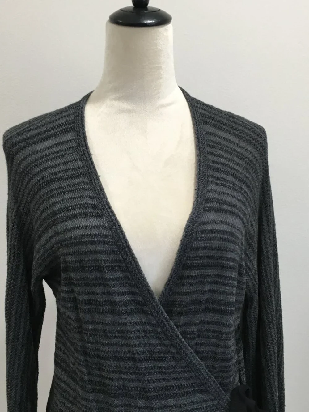 EILEEN FISHER Black Gray Merino Wool Blend Knit Belted Wrap Cardigan